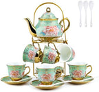 20Pcs Porcelain Tea Set for Adults, European Ceramic Tea Set Flower Ceramic Tea Cups (5.4oz), Teapot (23.67oz), & Saucers with Metal Holder for Women Tea Party (Green) by Kytree