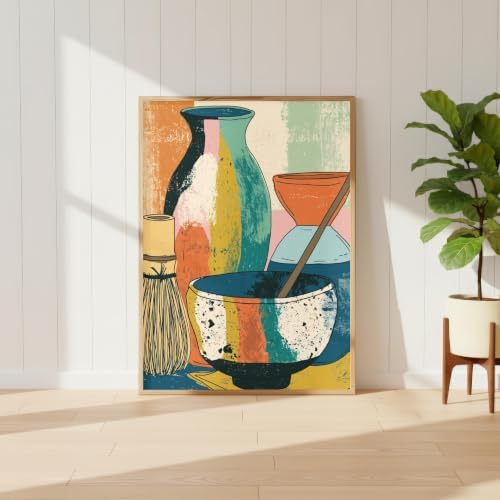 Matcha Tea Set Wall Art, Colorful Abstract Kitchen Print with Bowl, Whisk and Vases, Mid Century Boho Decor - 11x14 in (27x35 cm) - Image 2