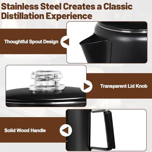 6 Cup Percolator 304 Stainless Steel Coffee Pot Coffee Maker Coffee Machine with Solid Wood Handle Transparent Knob Stovetop Greca Mocha for Induction Home and Camping 1000ml 33.8oz Black - Image 6