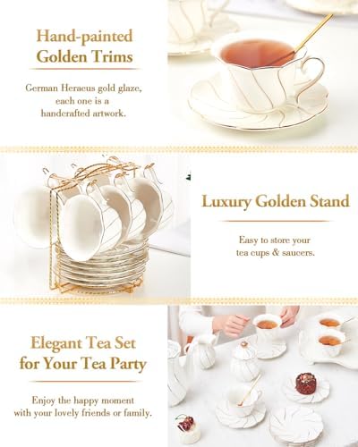 DUJUST 22 pcs Porcelain Tea Set for 6 ＆ Larger 2-Tier Cupcake Stand Tower, Luxury British Style Tea/Coffee Cup Set with Golden Trim, Food Grade Dessert Display Stand for Tea Party - White - Image 7