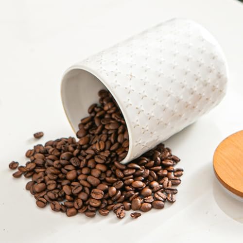JOJUNO White Embossed Ceramic Canister 3 Piece with Airtight Bamboo Lid - Image 6