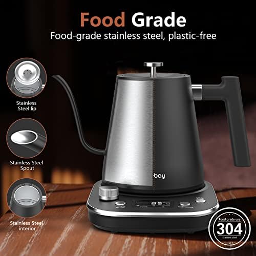 Nicebay Electric Gooseneck Kettle, Kettle with Heating Base Buttons and LED Display, Pure Stainless Steel Inner Tea 1200W Fast Heating, Pour Over Coffee 0.8L, Black, (SK-0804) - Image 4