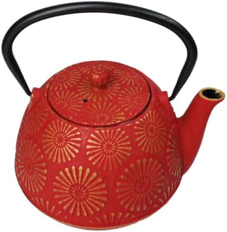 Ebros Gift Traditional Oriental Tetsubin Red Kiku Chrysanthemum Design 40oz Cast Iron Teapot With Enameled Interior And Strainer Asian Japanese Chinese Fusion Housewarming Tea Pot Accent - Image 2