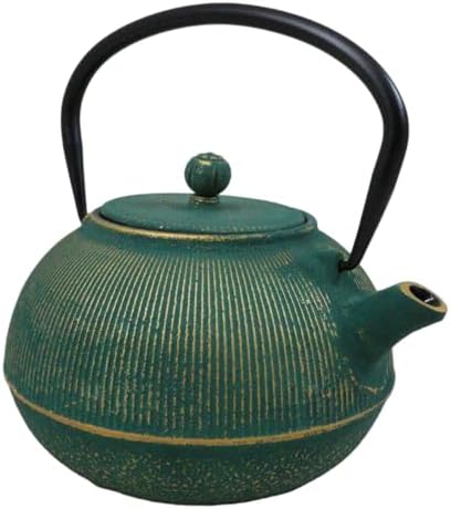 Ebros Gift Traditional Oriental Tetsubin Cast Iron Teapot With Enameled Interior 27oz Asian Japanese Chinese Fusion Housewarming Tea Pot Accent (Tokusa Green And Gold Gradient) by EbrosGift