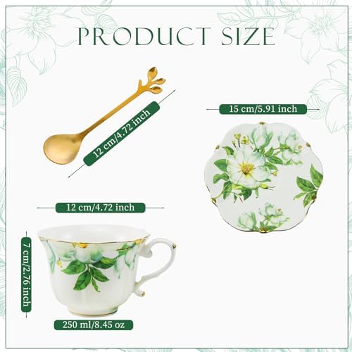 Country Roses Porcelain Tea Cup and Saucer Set with Gold Trim, Vintage Style, For Women and Tea Parties (2, Green) - Image 2