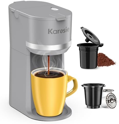 Single Serve Coffee Maker for K-Cup and Ground Coffee,Fast Brew,6-12 oz Brew Sizes One Cup Coffee Machine Fits 5.5" Mugs,One-Button Coffee Maker with Descaling Reminder,Grey,9.45 Inches by Karosie