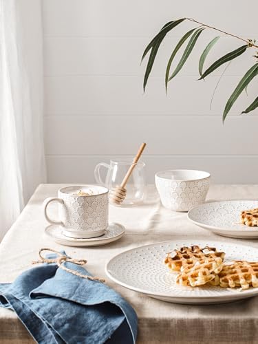 LE TAUCI 8 oz Stackable Latte Cups with Saucers and Stand, Set of 4, Large Ceramic Coffee Cup and Saucer Set for Tea, Cafe Au Lait, Microwave & Oven Safe - Embossed White - Image 2