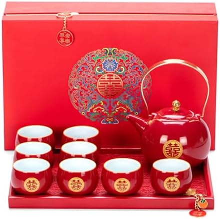 Chinese Wedding Tea Set, Red Porcelain Teapot, 8 Cups, Tray and Gift Box by Unknown