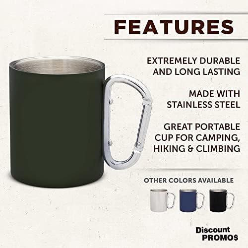 DISCOUNT PROMOS Stainless Steel Mugs with Carabiner Handle 10 oz. Set of 10, Bulk Pack - Perfect for Coffee, Soda, Other Hot & Cold Beverages - Army Green - Image 2