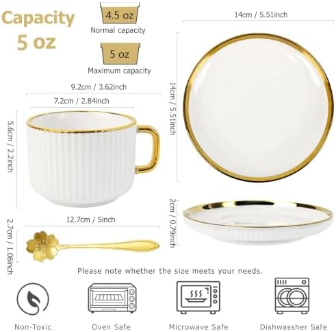 Coffee Cup and Saucer Set of 4, 5 oz Ceramic Espresso Cups Set - Image 3