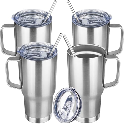 20 oz Tumbler with Handle Stainless Steel Insulated Coffee Mug Tumbler with Lid and Straw Double Wall Vacuum Insulated Coffee Mug Leak Proof Travel Mug Tumbler for Hot and Cold Drink (Silver,4pack) by YEBTSLife