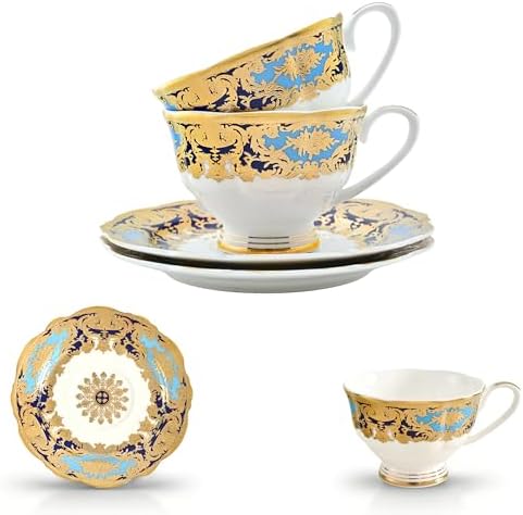 Luxury White & Gold Embossed Tea Cups and Saucers with Teapot, Sugar Bowl, & &Creamer, Vintage European Porcelain Coffee Set for Tea Party, Wedding, Gift (Turquoise&Gold, 4pcs/set) - Image 7