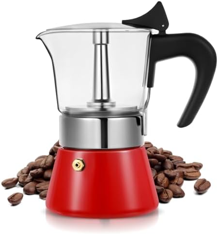 4 Cup 200ml Glass Moka Pot, Stovetop Espresso Maker, Red by Suiitat
