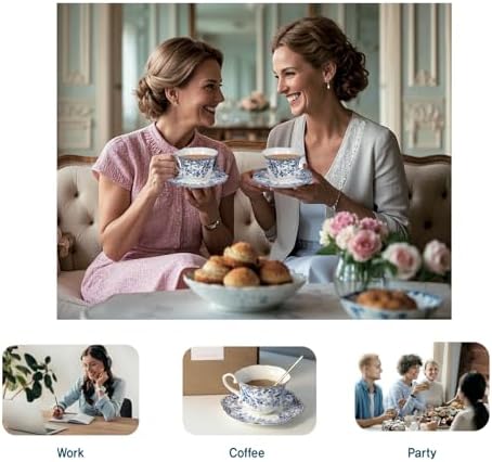 Vintage Floral Porcelain Tea Cup and Saucer Set with Spoon, Gold Trim, 6.4 oz – Set of 2, Blue – Tea & Espresso & Coffee Cups (2, China Flower) - Image 5