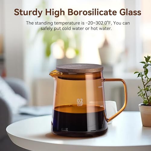 Small Glass Carafe, 16.9oz Glass Coffee Server Manual Pour over Coffee Beaker Tea Pot with Wooden Lid Clear Teakettle Borosilicate Glass Decanter (Brown) - Image 7