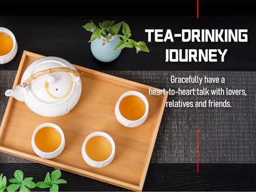 Japanese Tea Set, White Porcelain tea set with 1 Teapot(23 oz/660ml), 6 Tea cups(5.3 oz/150ml), 1 Tea Tray, Golden plum blossom relief, Asian tea sets for adults (Golden plum-White) - Image 4