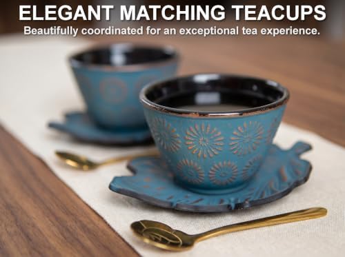 Blue Butterfly Cast Iron Tea Set, 2 Cups, 2 Saucers, Infuser & Trivet - Image 5