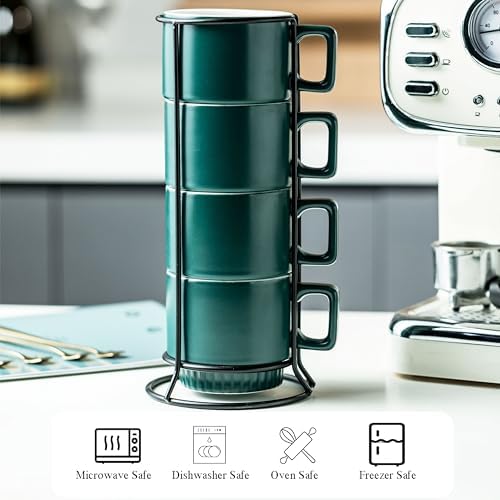 Miamolo Stackable Coffee Mugs Set of 4 with Holder Spoons 11oz Ceramic Cappuccino Cups for Espresso Latte Tea Drinks, Father's Day,Dishwasher & Microwave Safe, Green - Image 3