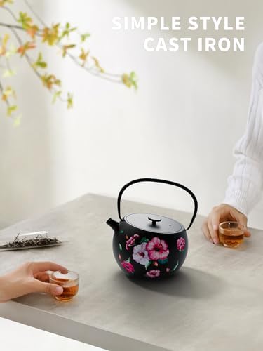 Toptier Teapot with Removable Infuser, Cast Iron Tea Kettle Stovetop Safe, Solid Geometry Ball Design Tea Pot Coated with Enameled Interior for 32 Ounce (950 ml), Morning Glory - Image 2