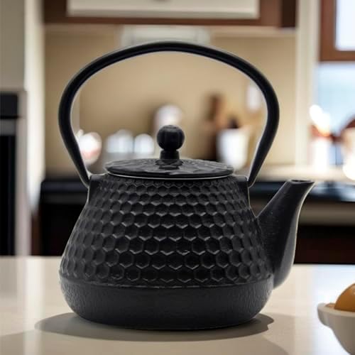 20.3oz Small Cast Iron Teapot, SECHUDO Cast Iron Tea Kettle for Stovetop Safe Coated with Enameled Interior, Cast Iron Tea Pot with Stainless Steel Infuser for Loose Tea (Black Honeycomb Pattern) - Image 3