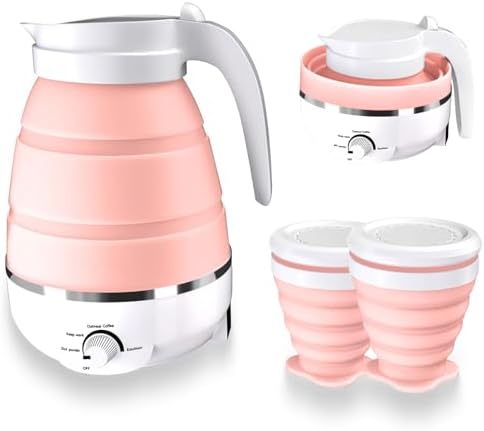 Qivine Collapsible Travel Kettle, Silicone Portable Water Boiler Kettle Electric 600ML, Foldable Electric Pot for Boiling Water, Small Camping Kettles for Tea Coffee with 2 Cups (Pink) by Qivine