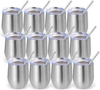 Volhoply 12oz Stainless Steel Wine Tumbler with Lid Bulk 12 Pack,Double Wall Vacuum Stemless Wine Glasses,Reusable Metal Travel Coffe Mug with Straw,Insulated Cups Gifts for Christmas（Silver,12 Set） by LiveFully%EF%BC%8CDrinkFreely%E2%80%94KeepGoingwithVolhoply%EF%BC%81