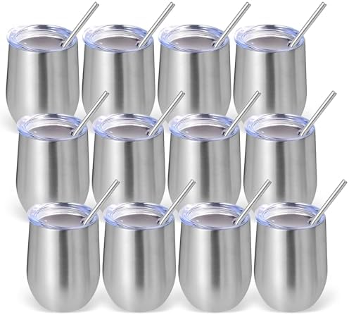 Volhoply 12oz Stainless Steel Wine Tumbler with Lid Bulk 12 Pack,Double Wall Vacuum Stemless Wine Glasses,Reusable Metal Travel Coffe Mug with Straw,Insulated Cups Gifts for Christmas（Silver,12 Set） by LiveFully%EF%BC%8CDrinkFreely%E2%80%94KeepGoingwithVolhoply%EF%BC%81