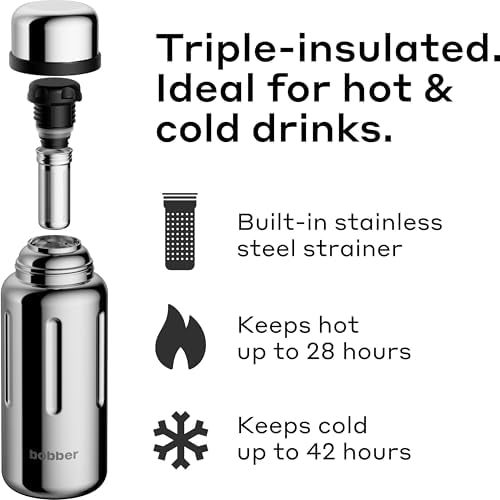 BOBBER 26 oz Stainless Steel Insulated Flask with Tea Infuser – Keeps Drinks Hot 28 Hours – Leak-Proof, Dishwasher Safe Travel Bottle for Coffee and Tea – For Commute, Hiking, Office (Glossy) - Image 2