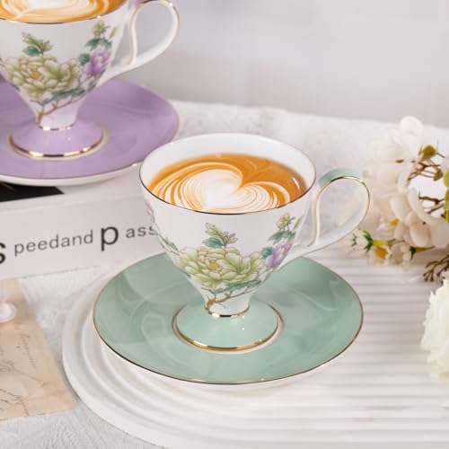 KAMMAK Ceramic Coffee Cups Saucers Set of 2, Porcelain Espresso Cups with Saucers, 8.12 oz Handcrafted Elegant Bone China Tea Cups, Purple Purple & Mint Green Flower Teacup for Party, Office, Gift - Image 3