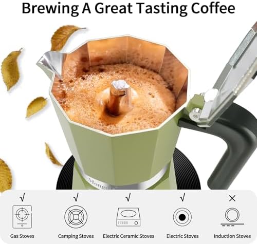 Mongdio Stovetop Espresso Maker Moka Pot, Stove Top Cuban Coffee Maker, Italian Greca Mocha Pot, 12 Espresso Cups, 20 oz - Green - Image 5
