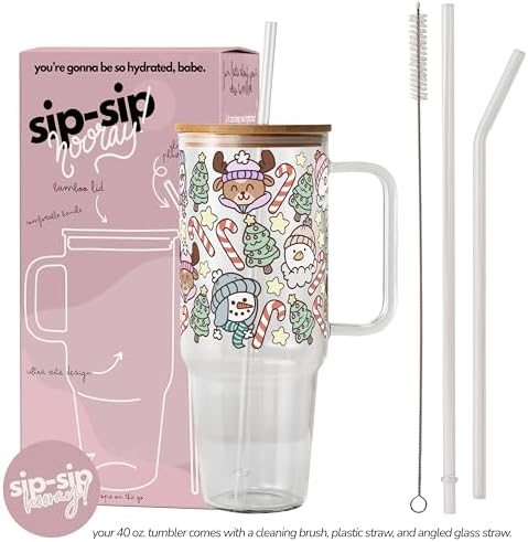 Sip-Sip Hooray! Christmas Cuties 40oz Glass Tumbler with Lid and Straw - Image 4