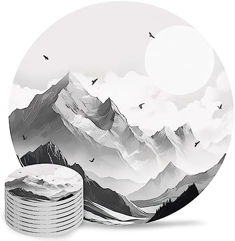 Coasters for Drinks Set of 8, Mountain Peak Sun Eagle Natural Landscape Ceramic Cup Mat, Absorbent Ceramic Stone Coasters with Cork Base for Coffee, Cups, Wooden Table, Home Decor 4 Inch by Daleng
