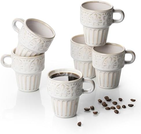 LYEOBOH Cappuccino Cups, Espresso Cups, Coffee Mugs Set of 6, Ceramic Cup, 6 OZ Beige Stackable Mug Set of 6, Easy To Clean Comfortable Handle for All Ages, Great for Party Dinner & Festival Gifts by LYEOBOH