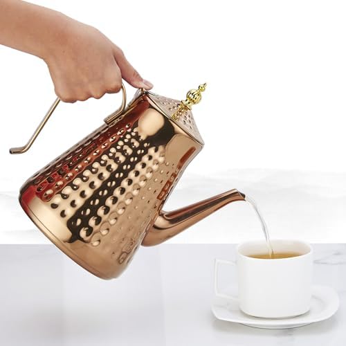 SANQIAHOME 1.8L(60oz) Stainless Steel Hammer Patterned Teapot With Removeable Infuser,Loose leaf cover,Copper - Image 2