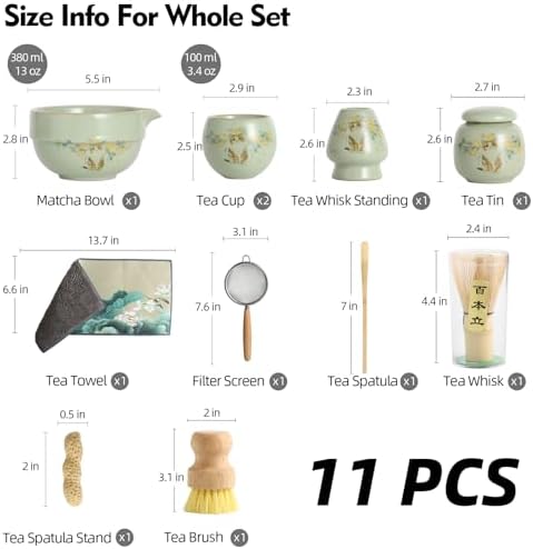 11 Pcs Matcha whisk Set,13 OZ,With 2 Cups and 1 Tea Can,Unique Cat Pattern Design，Complete Matcha Kit Set,Japanese Matcha Set,Perfect Matcha Kit for Matcha Tea Ceremony(Cat-Green) - Image 3
