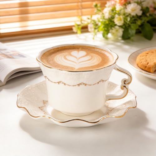 Tea Cups and Saucers Set of 2, 6.4oz Stackable Porcelain Coffee Cup, YFH16 - Image 6