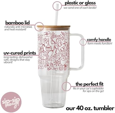 Sip-Sip Hooray! Christmas Line Doodle 40oz Glass Tumbler with Lid and Straw - Image 3