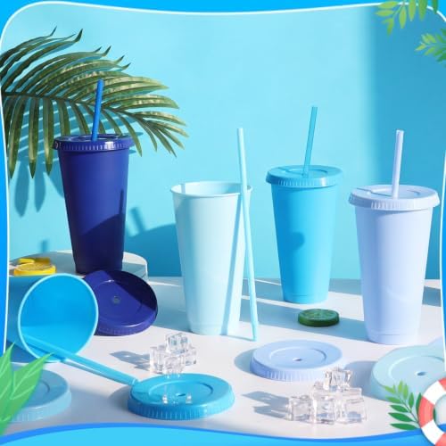 24 Pack Plastic Tumblers with Lids and Straws, Reusable Cups with Lids Plastic Colorful Cups for Parties Birthdays, Iced Coffee Cup Cold Drink Cups Bulk Tumblers (24 oz, Gradient Blue Colors) - Image 2