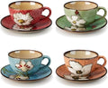Cappuccino Cups with Saucers Set of 4 – 8oz Ceramic Coffee Cups, Latte Espresso Mugs with Floral Design, Colorful Coffee Cup Set for Cappuccino, Latte, Mocha (4 colors) by Soyestan