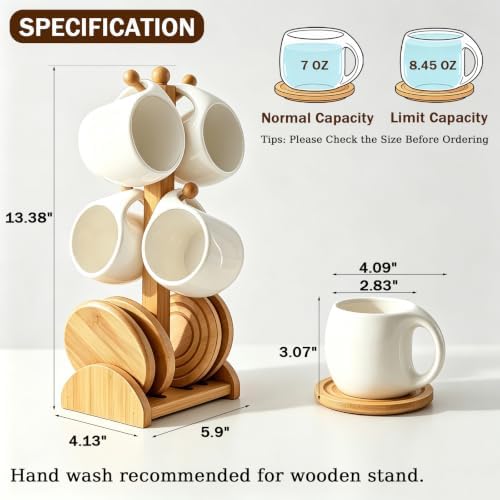 Espresso Cups Set of 4, 8.45 oz Ceramic Coffee Cups with Saucers & Wooden Stand, Microwave & Dishwasher Safe Cappuccino Tea Cups, Coffee Accessories for Espresso Machine - Image 2
