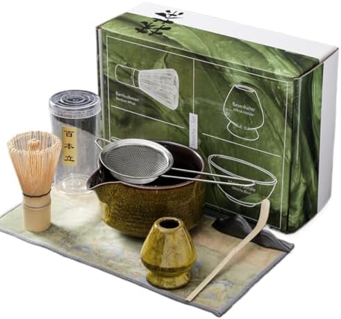 Japanese Matcha Set (7pcs) Matcha Whisk Set Matcha Bowl Matcha Whisk (chasen) Scoop (chashaku) Matcha Whisk Holder Tea Making Kit (7 Pcs,Yellow) by ZITEZHGO