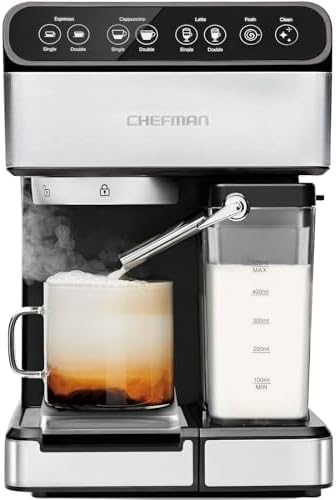 Chefman 6-in-1 Espresso Machine with Built-In Milk Frother, 15-BAR Pump, Digital Display, One-Touch Single or Double Shot for Cappuccinos and Lattes, XL 1.8-L Water Reservoir, Stainless Steel by Chefman