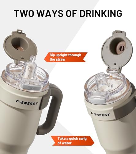 TKK 40 oz Insulated Tumblers with Handle and Straw, Stainless Steel Travel Mug with Ceramic Coating, Leak Proof Double Walled Iced Coffee Cup with Strainer for Hot & Cold Drinks, Beige - Image 3