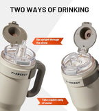 TKK 40 oz Insulated Tumblers with Handle and Straw, Stainless Steel Travel Mug with Ceramic Coating, Leak Proof Double Walled Iced Coffee Cup with Strainer for Hot & Cold Drinks, Beige - Image 3