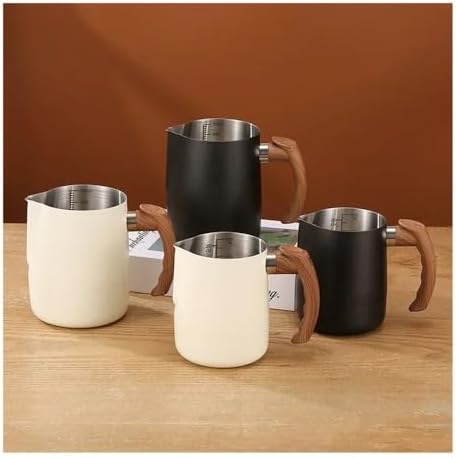 Milk Frother Cup,Coffee Jug,600/900ML Stainless Steel Milk Frothing Jug Precise Scale Wooden Handle Latte Coffee Cup Coffeeware Kitchen Cafe Accessories(Silver,600ML) - Image 3