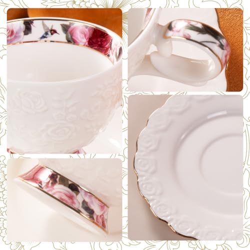 Tea Cups and Saucers Set of 2, 6.4oz Stackable Porcelain Coffee Cup, YFH13 - Image 5