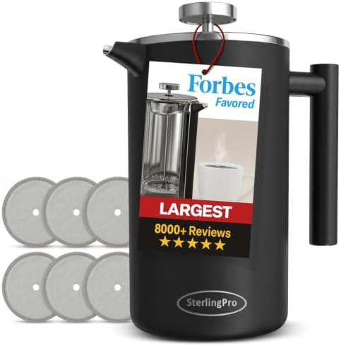 SterlingPro 1.75 L 59 oz Black Extra Large French Press Coffee Maker and 6 Pack Replacement Screens Bundle Stainless Steel Double Wall Insulated for Tea and Coffee by SterlingPro