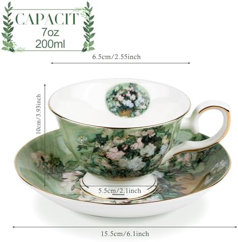 Floral Tea Cups Saucers Set of 2, Vangogh Paintings Bone China 7 oz British Teacups Porcelain Tea Cups Coffee for Rose Teacups Cappuccino Espresso Latte (White Roses & Flowers Vase) - Image 2