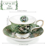 Floral Tea Cups Saucers Set of 2, Vangogh Paintings Bone China 7 oz British Teacups Porcelain Tea Cups Coffee for Rose Teacups Cappuccino Espresso Latte (White Roses & Flowers Vase) - Image 2