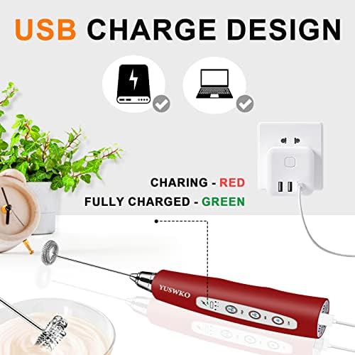 YUSWKO Red Handheld Milk Frother Wand for Coffee, Rechargeable Electric Whisk with 3 Heads 3 Speeds Drink Mixer Coffee Frother For Latte, Cappuccino, Hot Chocolate, Egg - Image 6